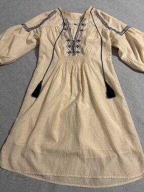 Country Road 6 Cream Black Embroidered Cotton Cupro Boho Tassel Midi Dress
